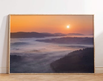 Orange Sunrise Over Morning Fog Landscape Photography Print, Mountain Forest Landscape, Unique Wall Art, Landscape Foggy Sunrise,