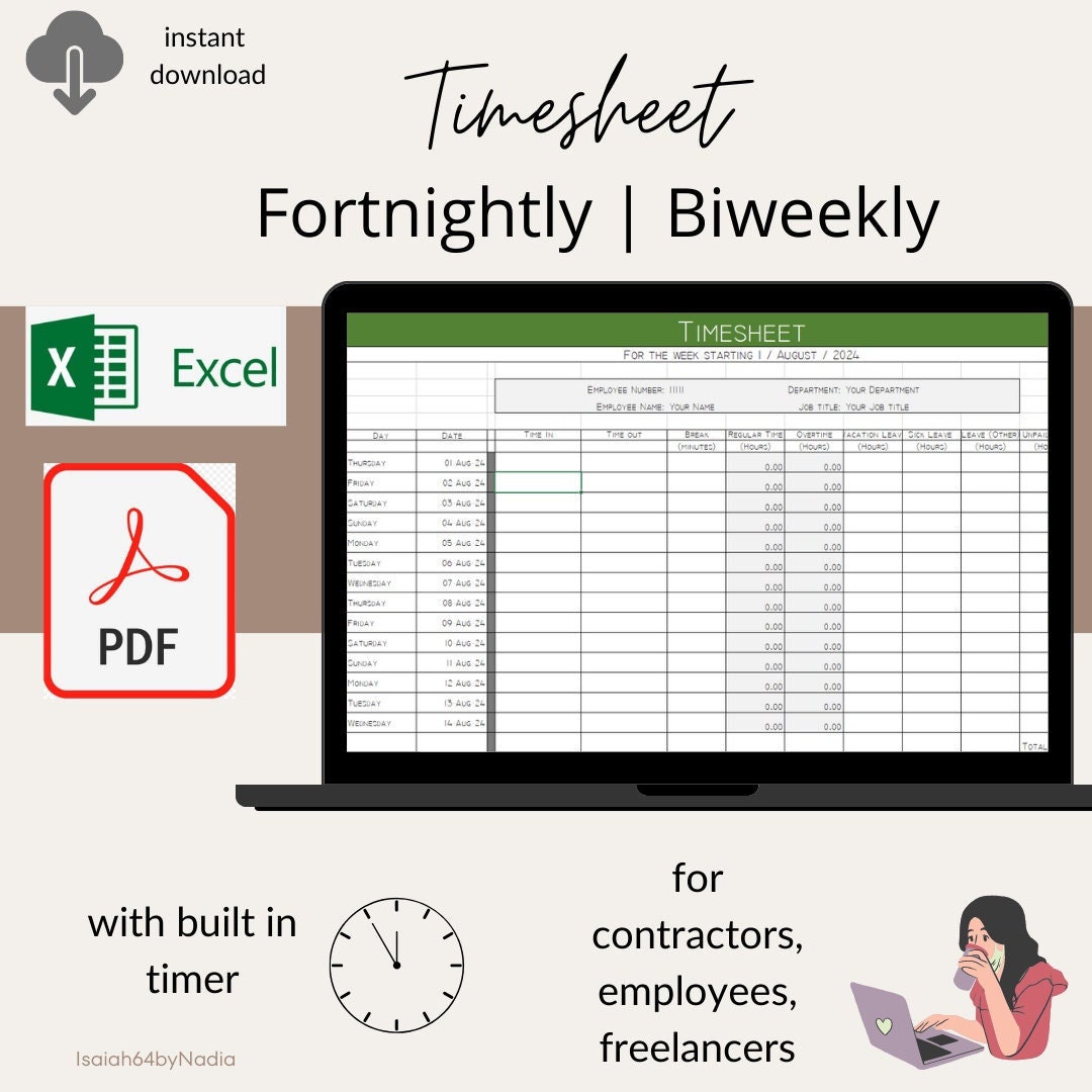 Timesheet Excel Template Fortnight Biweekly Timesheet Digital - Etsy