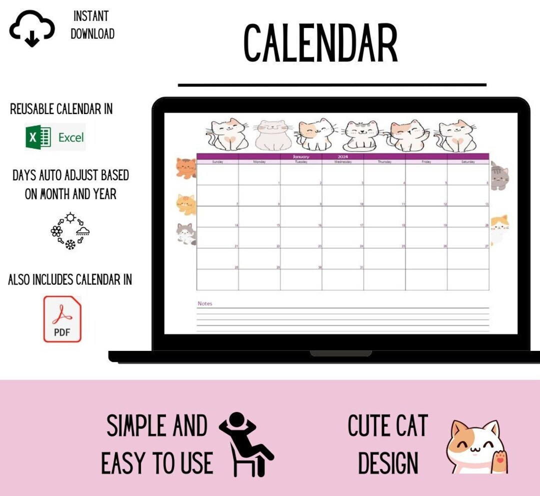 Reusable Monthly Calendar Printable Calendar Catlover's Etsy
