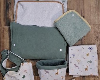 Nomad changing mat with 2 towels and 1 basket with 12 wipes. Handmade.