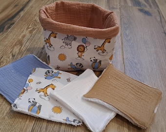 Salviette lavabili per neonati con cestino portaoggetti. (Giraffa). Realizzate a mano.