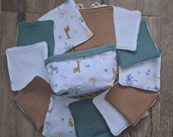 Toallitas húmedas lavables para bebé con cesta de almacenamiento. (Selva). Hechas a mano.