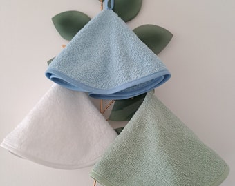 Set of 3 cotton terry hand towels, 35 cm in diameter. Handmade.