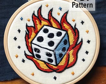 Hand Embroidery Pattern PDF, Flaming Dice Embroidery Design, Rockabilly Tattoo Style Hoop, DIY Embroidery for Beginners, Instant Download
