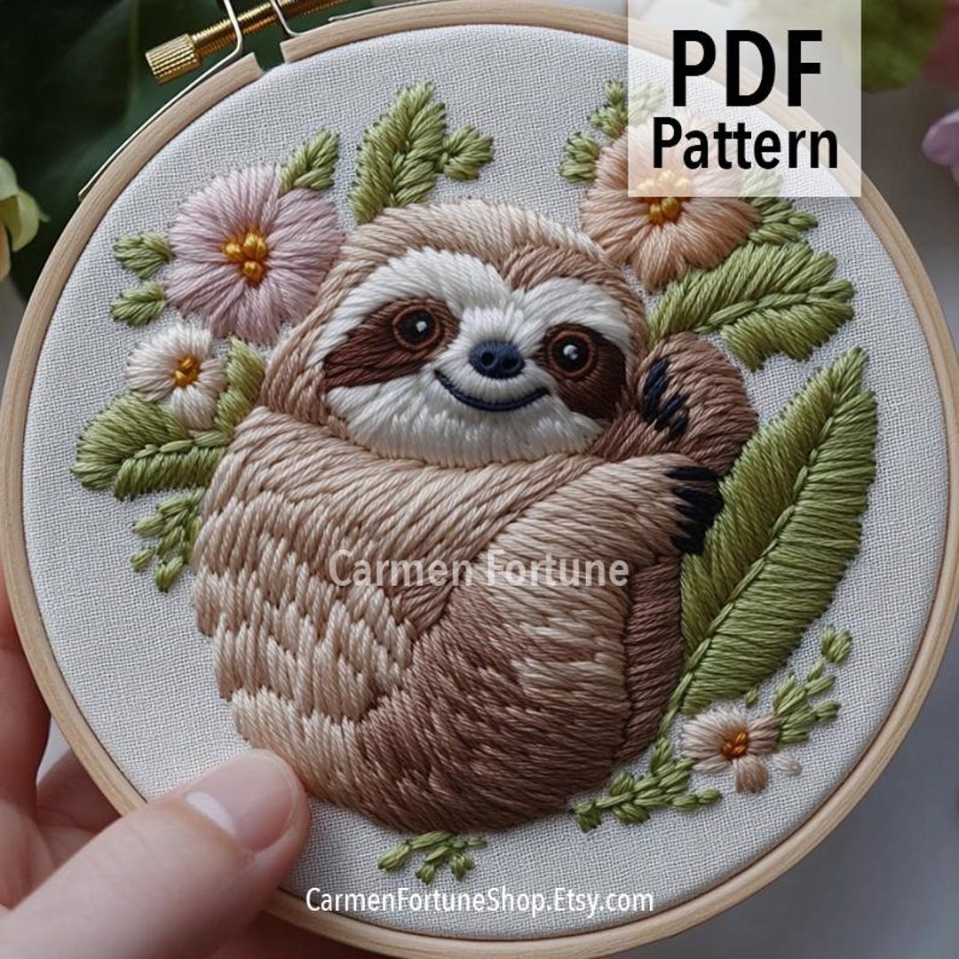 Sloth Hand Embroidery Pattern PDF, Woodland Animal With Flowers ...