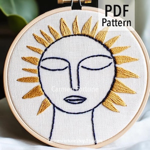 Hand Embroidery Pattern PDF, Minimalist Line Art Face Embroidery Design, Abstract Modern Hoop Art with Leaves, DIY Pattern Instant Download