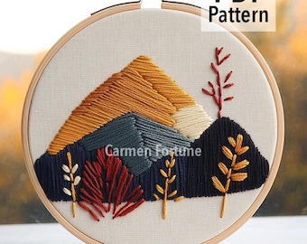 湖の風景の刺繍パターン、穏やかな手刺繍、風景ステッチ PDF、DIY