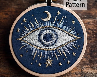 Hand Embroidery Pattern PDF, Mystic Third Eye with Moon and Stars, Celestial Embroidery Design, DIY Hoop Art For Beginners, Instant Download