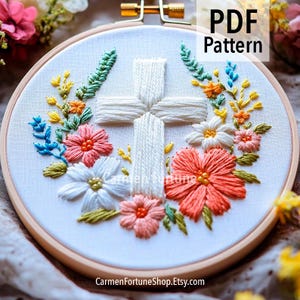Cross Hand Embroidery Pattern PDF, Christian Hoop Art with Flowers, DIY Religious Embroidery for Beginners, Instant Download