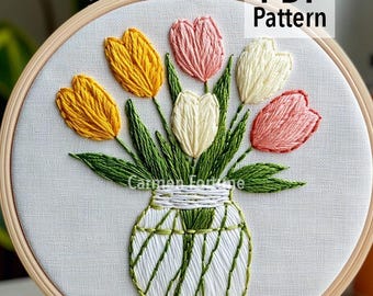 Hand Embroidery Pattern PDF, Tulips in Vase Embroidery Design, Modern Floral DIY Hoop Art for Beginners, Instant Download