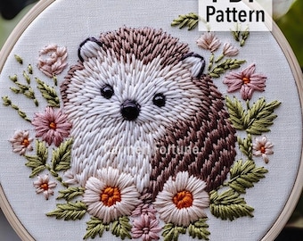 Hedgehog Hand Embroidery Pattern PDF, Spring Woodland Animal Embroidery with flowers, Home Decor DIY Hoop for Beginners, Instant Download