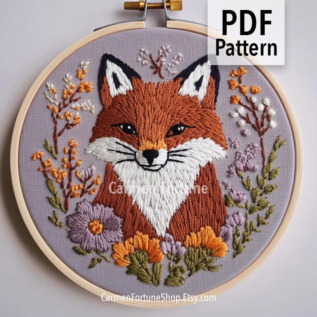 Fox Hand Embroidery Pattern PDF, Woodland Animal With Autumn Flowers ...