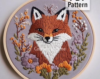 Fox Hand Embroidery Pattern PDF, Woodland Animal with Autumn Flowers Embroidery Design, DIY Hoop Art for Beginners, Instant Download
