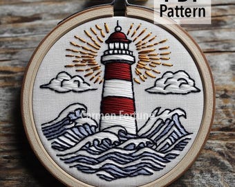Patrón de bordado a mano (PDF), diseño de bordado de faro y olas del océano, arte náutico costero para principiantes, decoración de pared DIY