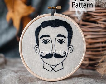 Patrón de bordado a mano en PDF, diseño de bordado de retrato de hombre vintage con bigote, arte de aro, bordado DIY para principiantes, descarga instantánea