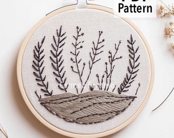 Patrón de bordado a mano en PDF, elegante diseño de bordado de campo botánico, arte rústico minimalista de aro natural para principiantes, decoración moderna DIY