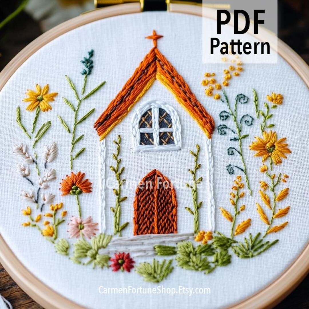 Chapel Hand Embroidery Pattern PDF, Cute Church With Flowers, DIY ...