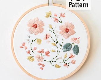 Hand Embroidery Pattern PDF, Pastel Flower Embroidery Design with Pink Blooms, DIY Botanical Hoop Art for Beginners, Instant Download