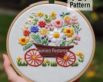 Hand Embroidery Pattern PDF, Floral Wagon Embroidery Design with Wildflowers, DIY Hoop Art for Beginners, Rustic Garden, Instant Download