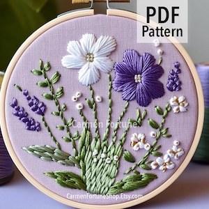Lila Lavendel Handstickerei-Muster: DIY Blumenstickerei Hoop Art (PDF Download