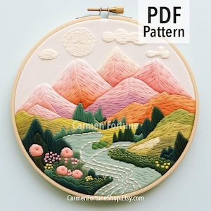 Hand Embroidery Pattern PDF, Mountain Landscape Embroidery Design with River and Sunset, DIY Scenic Hoop Art for Beginners, Instant Download