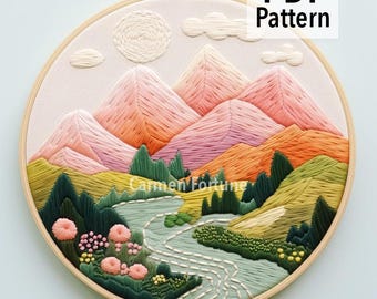 山と湖の刺繍アート 湖の風景の刺繍パターン、穏やかな手刺繍、風景ステッチ PDF、DIY