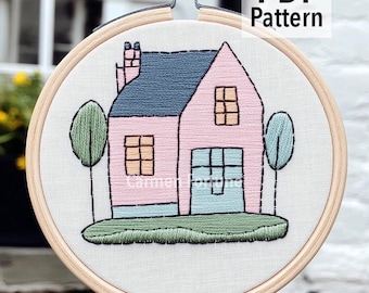 Hand Embroidery Pattern PDF, Colorful House Embroidery Design, Modern Cottage Home Hoop Art, DIY Needlework for Beginners, Instant Download