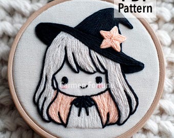 Hand Embroidery Pattern PDF, Chibi Witch Girl Halloween Embroidery, Cute Kawaii Doll Design, DIY Hoop Art for Beginners, Instant Download