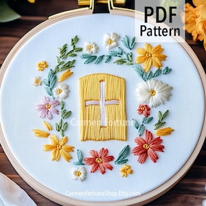 Cross Hand Embroidery Pattern PDF, Christian Hoop Art with Flowers, DIY Religious Embroidery for Beginners, Instant Download