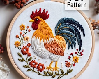 Rooster Hand Embroidery Pattern PDF, Farm Chicken Embroidery Design with Flowers, Rustic DIY hoop, Hoop Art for Beginners, Instant Download