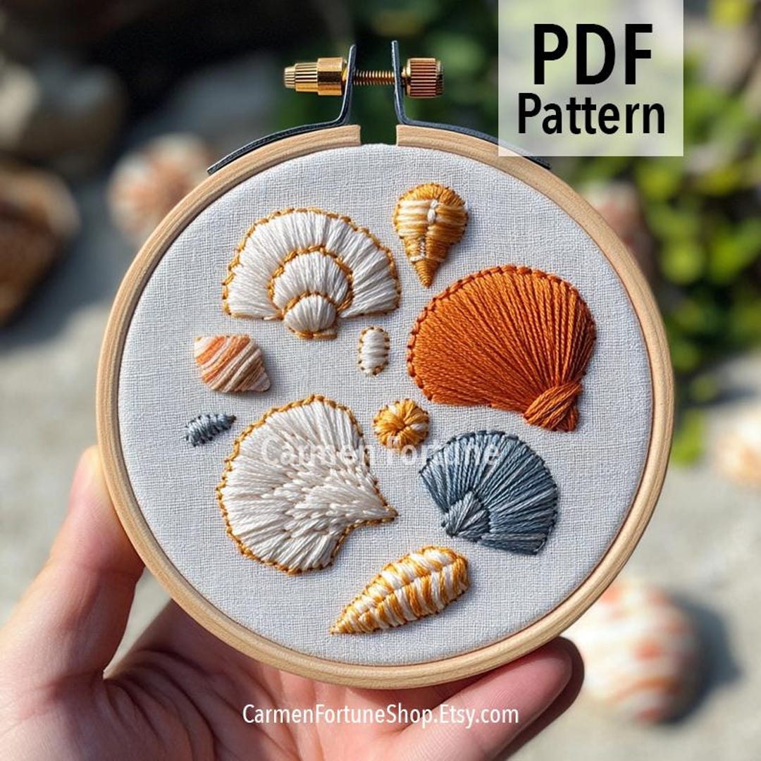 Hand Embroidery Pattern PDF, Colorful Seashells Summer Beach Embroidery ...