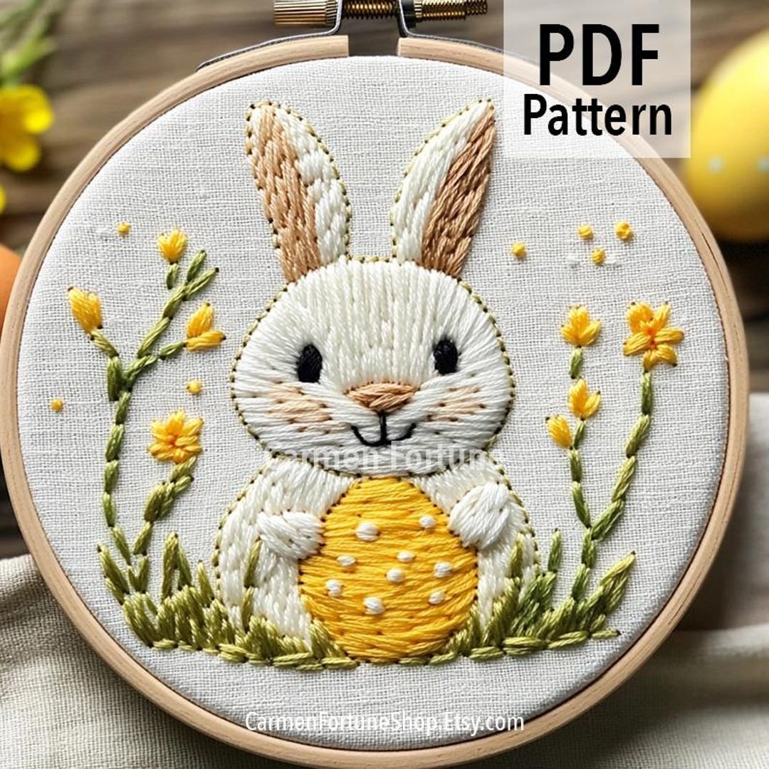 Easter Bunny Hand Embroidery Pattern PDF, Cute Rabbit With Egg and ...