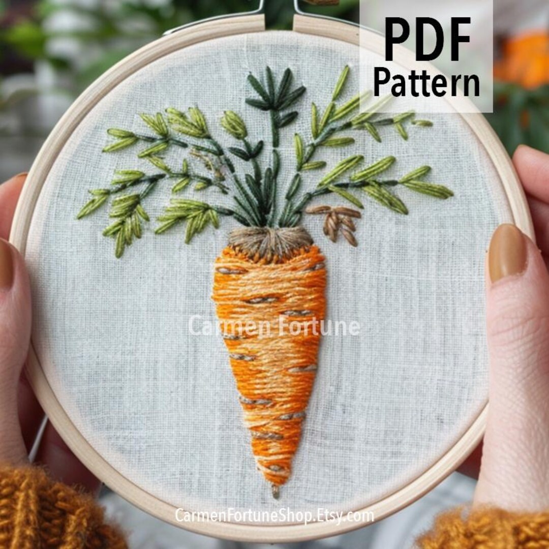 にんじんの手刺繍パターンPDF、野菜の刺繍、初心者向けDIYキッチン
