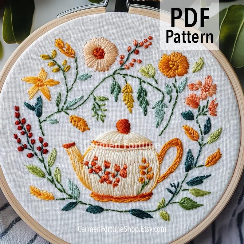 ビンテージ風 ティーポット刺繍アート 居心地の良いティーポットの手刺繍パターン：カラフルな花柄デザイン