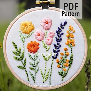 Hand Embroidery Pattern PDF, Wildflower Embroidery Design with Colorful Meadow Flowers, Botanical Hoop Art for Beginners, Instant Download