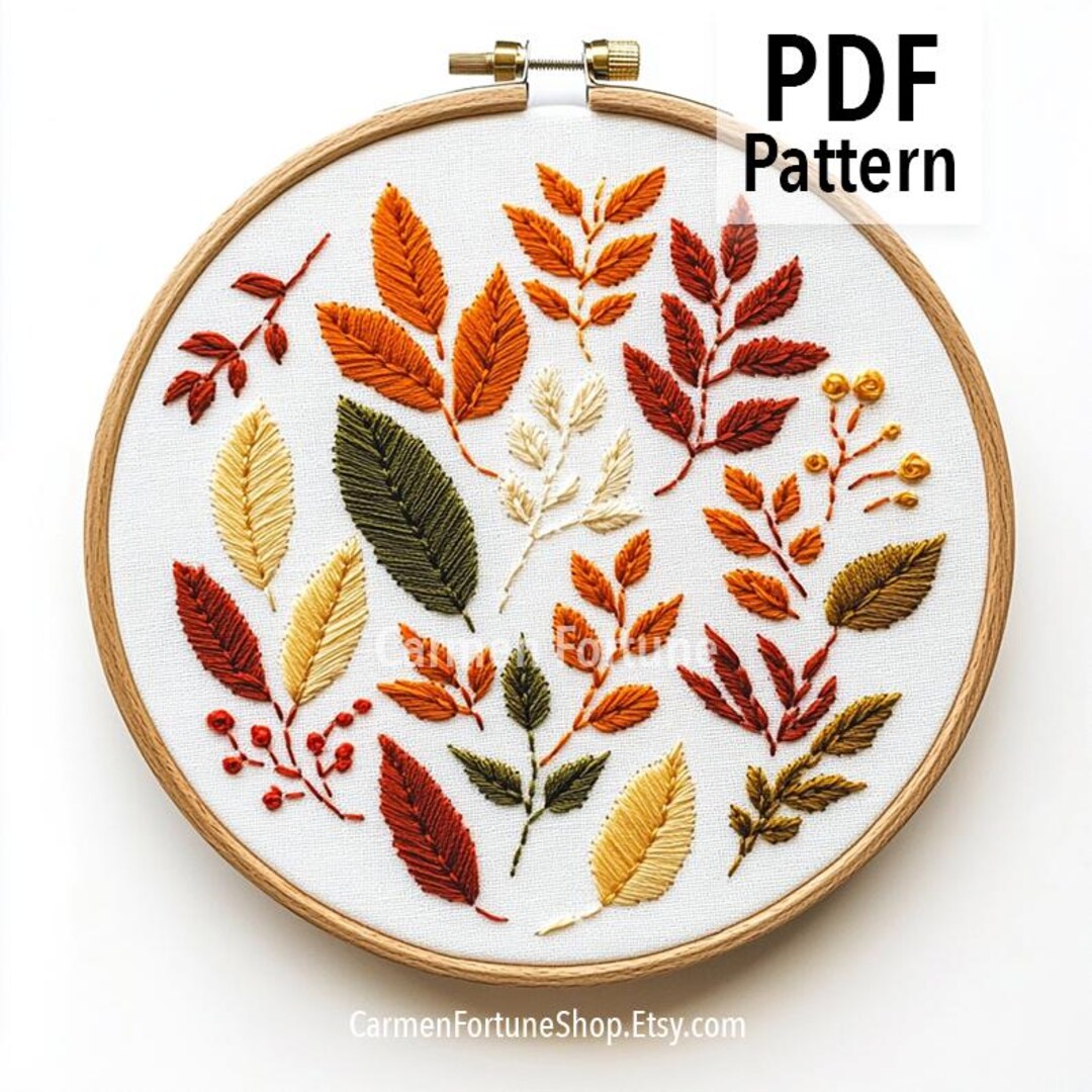 Hand Embroidery Pattern PDF, Floral Wreath With Autumn Leaves and ...