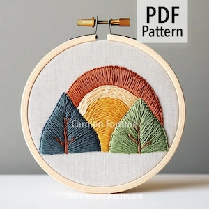 Hand Embroidery Pattern PDF, Sunset Mountain Landscape Embroidery Design, Modern Nature Hoop Art for Beginners, DIY Wall Decor