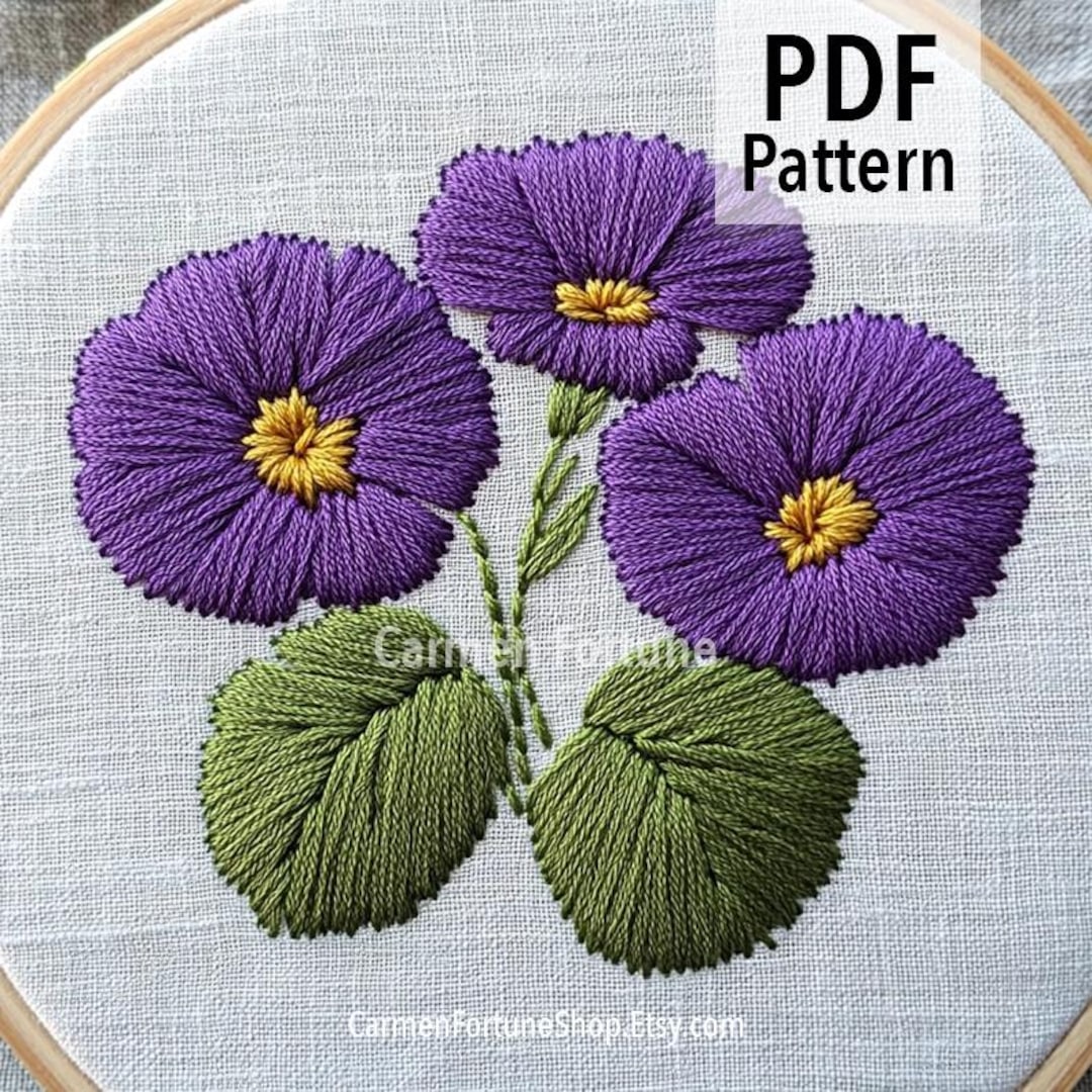Hand Embroidery Pattern PDF, Purple Flowers With Green Leaves ...