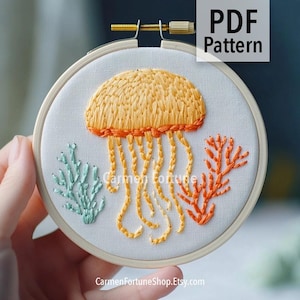 Jellyfish Hand Embroidery Pattern PDF, Ocean Sea Life Embroidery Design for Beginners, DIY Hoop Art with Coral, Instant Download