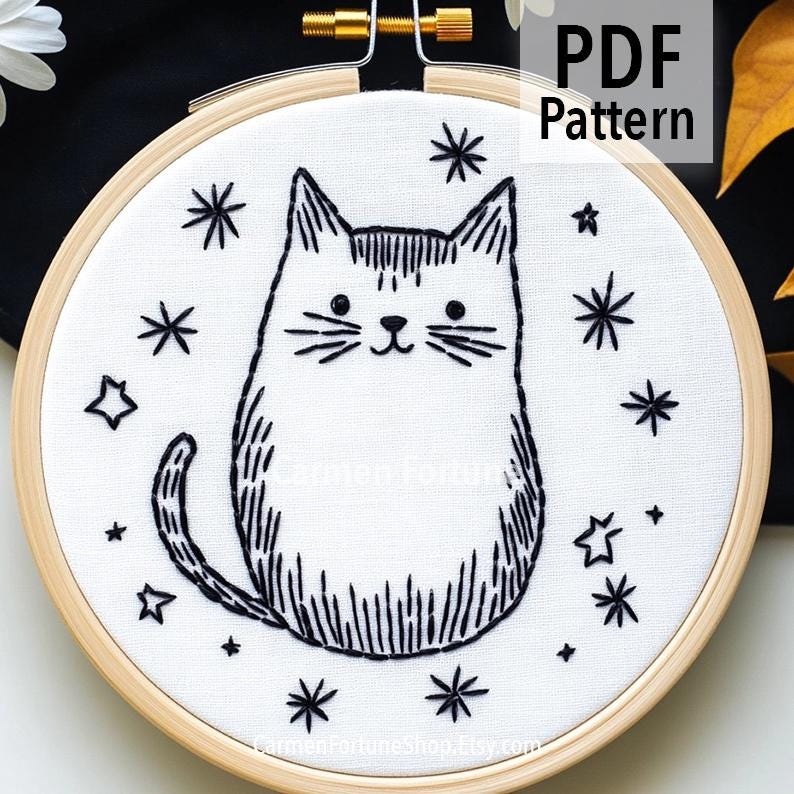 Cat & Stars Hand Embroidery Pattern: Modern DIY Hoop Art (PDF Download ...