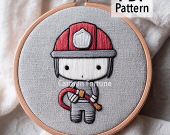 Handstickerei Anleitung PDF, Feuerwehrmann Chibi Stickmuster, Stickmuster für Anfänger, Sofort Download