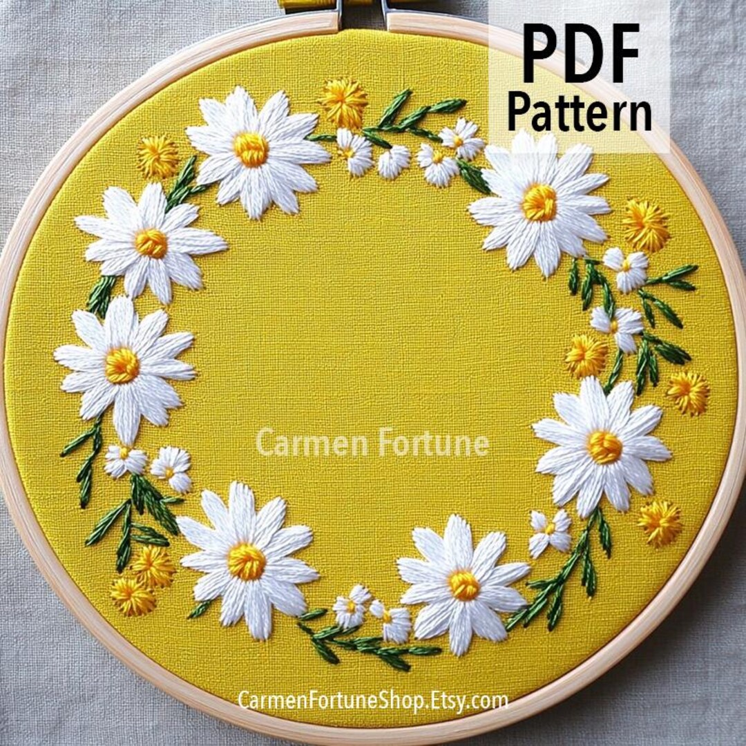 Hand Embroidery Pattern PDF, Daisy Flower Wreath Embroidery Design ...