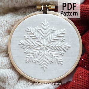 スノーフレークの手刺繍パターンPDF、白ステッチデザインの冬用フープアート、初心者向けDIY季節刺繍、すぐにダウンロード