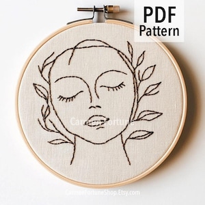 Hand Embroidery Pattern PDF, Minimalist Line Art Face Embroidery Design, Abstract Modern Hoop Art with Leaves, DIY Pattern Instant Download