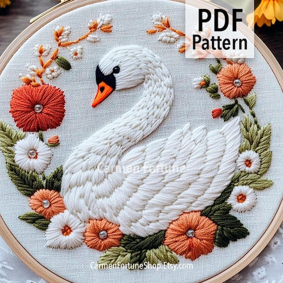 白鳥の手刺繍パターンPDF、花と鳥のエレガントな刺繍デザイン、初心者