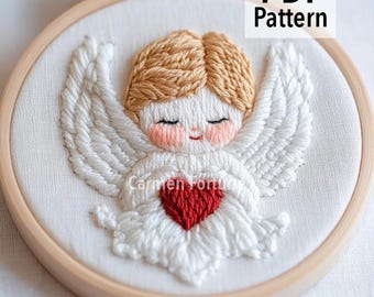 Angel Hand Embroidery Pattern PDF, Cute Love Heart Embroidery Design for Valentine’s Day, DIY Hoop Art for Beginners, Instant Download