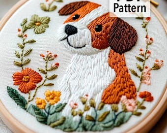 Cute Puppy Hand Embroidery Pattern PDF, Dog Embroidery Design with Flowers, DIY Hoop Art for Beginners, Instant Download