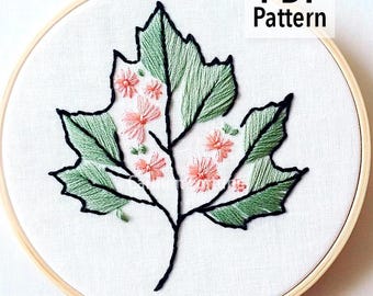 Floral Hand Embroidery Pattern: Pink Flowers & Leaves (PDF Download)