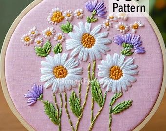 Hand Embroidery Pattern PDF, Daisy Flower Embroidery Design, DIY Botanical Hoop Art, Modern Floral, Instant Download