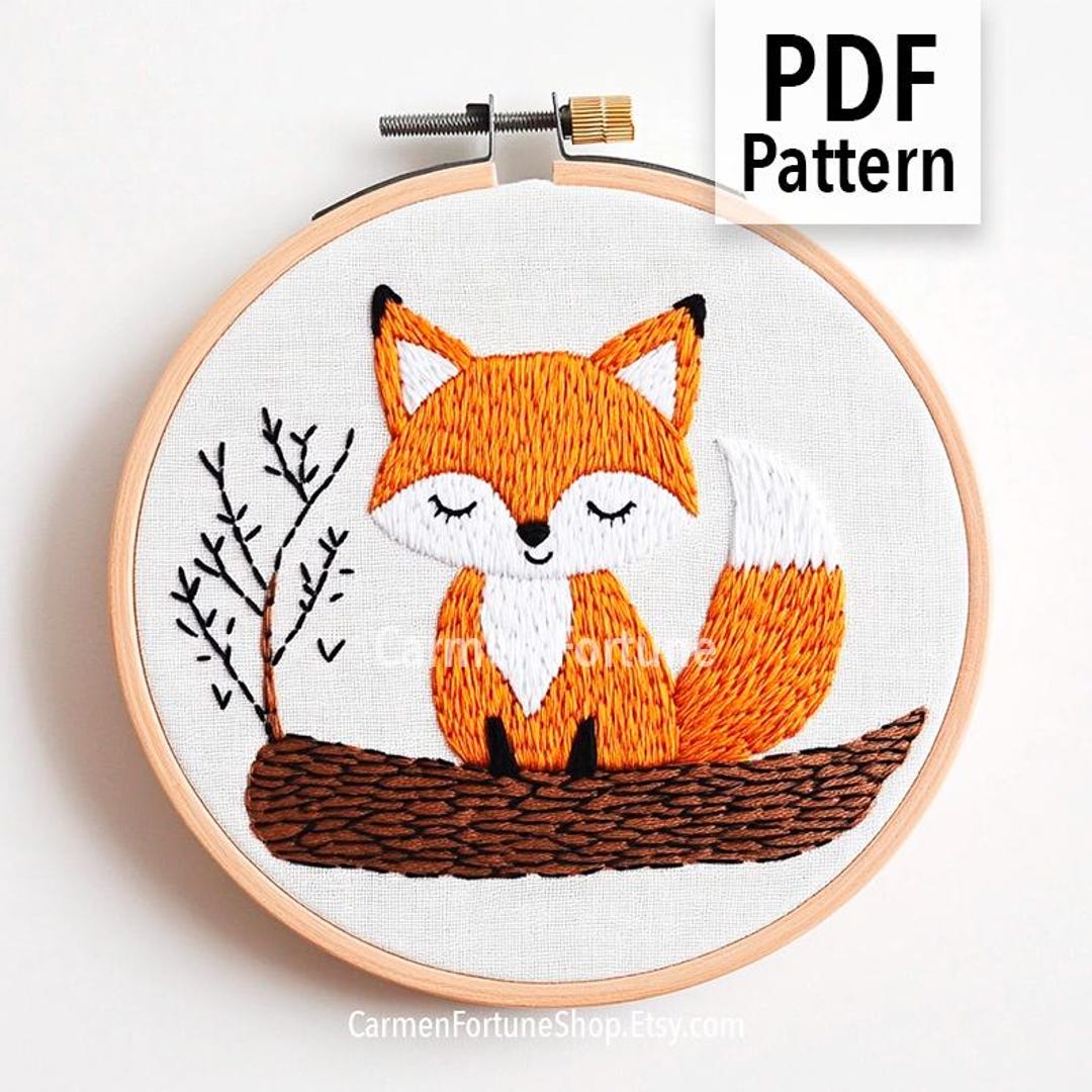 Fall Fox Hand Embroidery Pattern PDF, Cute Animal Embroidery Design ...
